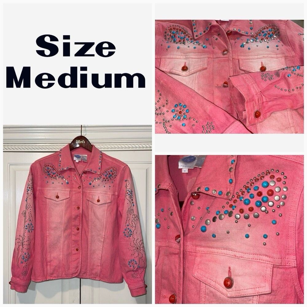 DG2 Diane Gilman Jacket Women Medium Coral Turquoise Studded‎ Ramie Blend